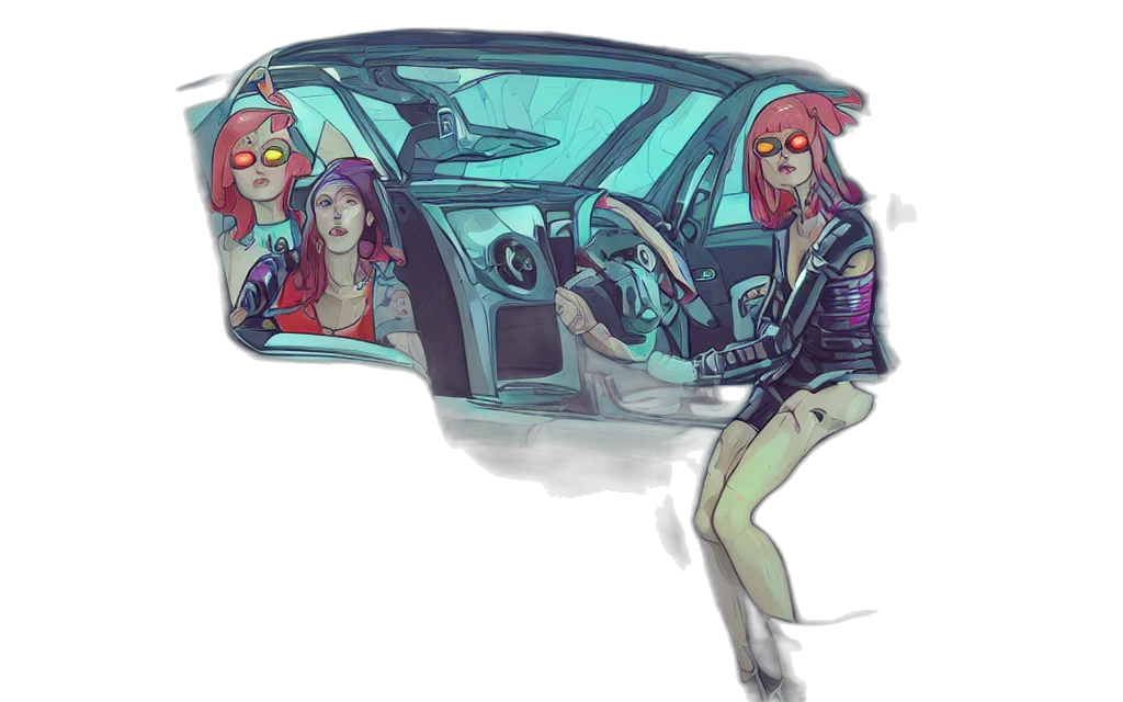 car, concept art, cyberpunk, comic book art, vaporwave, neon lights, city street, outer space transparent PNG cut-out