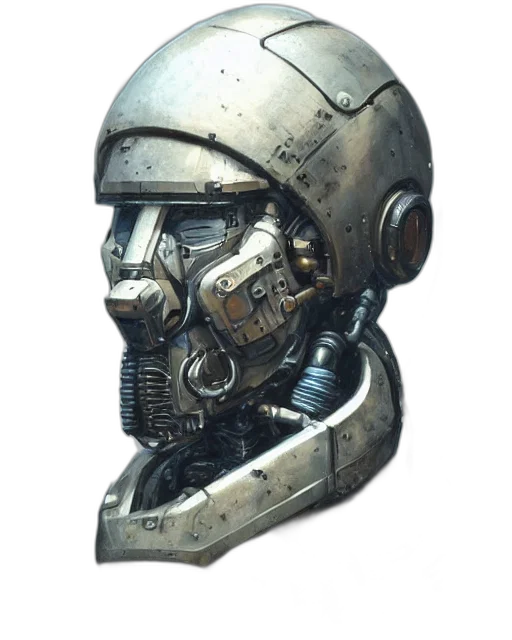 robot, mask, face, weapon, concept art, cyberpunk, 3d render, photorealistic transparent PNG cut-out