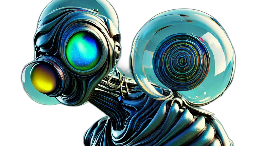 robot, mask, cyberpunk, concept art, 3d render, comic book art, outer space, bubbles transparent PNG cut-out