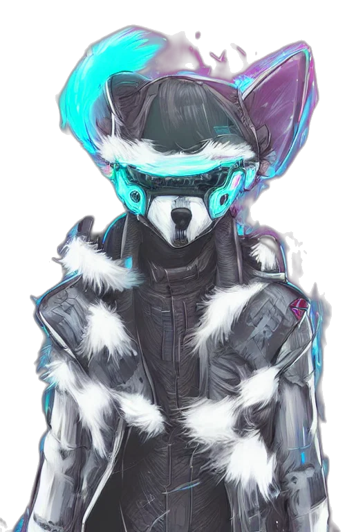 mask, jacket, robot, staff, cyberpunk, concept art, vaporwave, fantasy art transparent PNG cut-out