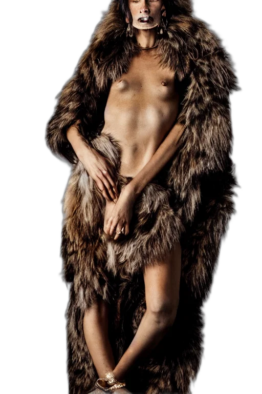 animal, jacket, dress, creature, photorealistic, neanderthal, woman, wearing transparent PNG cut-out