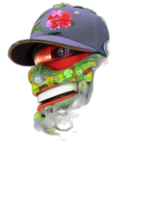 hat, face, mask, robot, 3d render, photorealistic, concept art, vaporwave transparent PNG cut-out