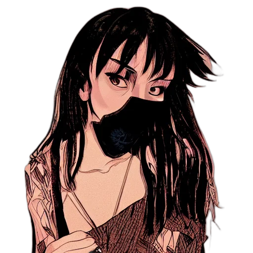 dress, mask, hair, staff, anime, cartoon, comic book art, fantasy art transparent PNG cut-out
