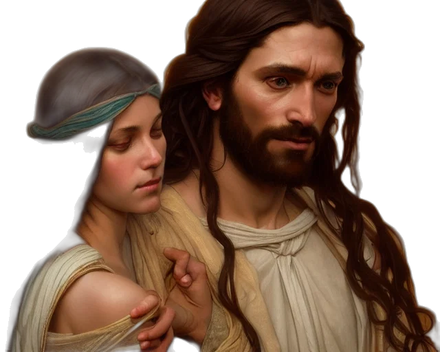 photorealistic, concept art, oil painting, fantasy art, photography, jesus, coupling, women transparent PNG cut-out