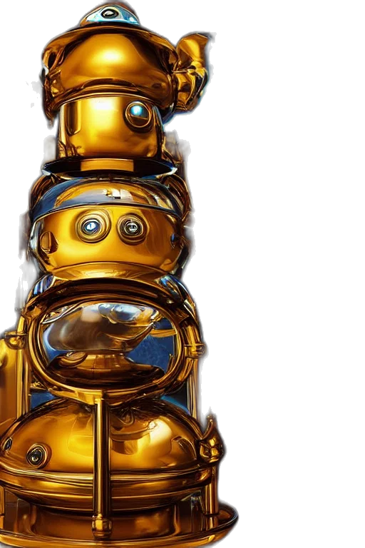 robot, bottle, crown, weapon, concept art, 3d render, golden, portrait transparent PNG cut-out