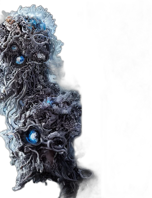 mask, hair, robot, creature, concept art, 3d render, wind, change transparent PNG cut-out