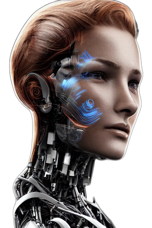 robot, face, cyberpunk, concept art, 3d render, photorealistic, human, female transparent PNG cut-out