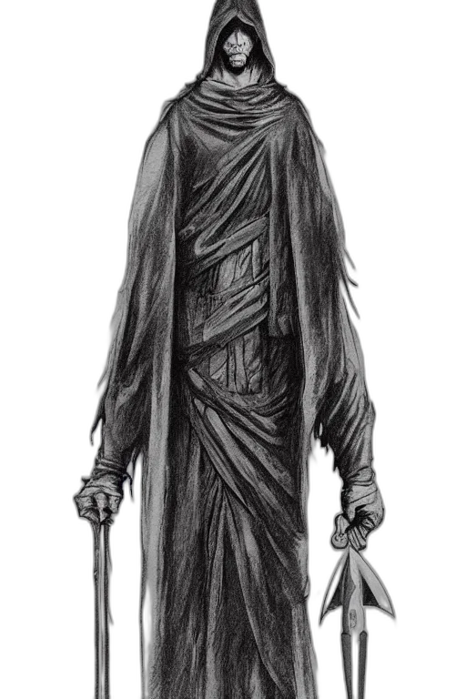 staff, dress, mask, sword, concept art, fantasy art, pencil sketch, comic book art transparent PNG cut-out