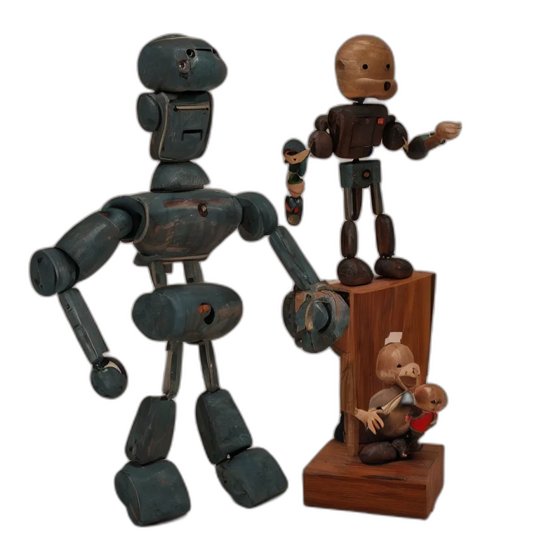 robot, furniture, 3d render, concept art, outer space, realistic, wooden, sculpture transparent PNG cut-out