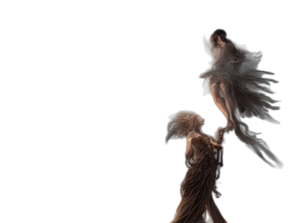 hair, dress, creature, staff, concept art, 3d render, photorealistic, angel transparent PNG cut-out