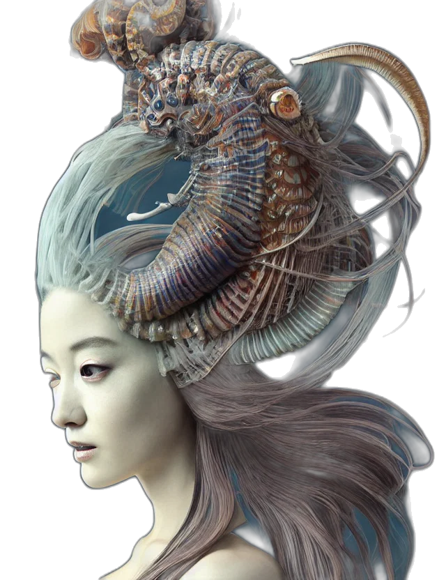 dragon, creature, mask, hair, fantasy art, concept art, photorealistic, 3d render transparent PNG cut-out