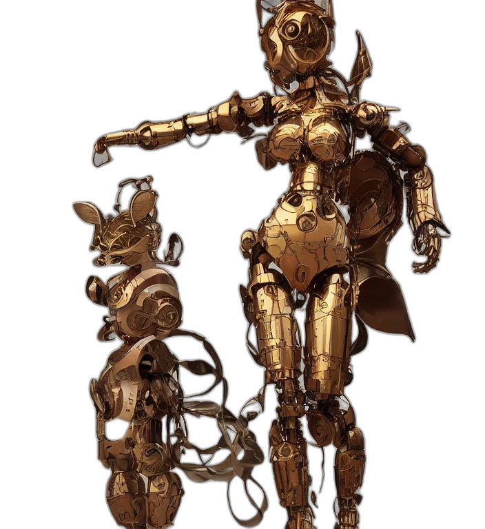 robot, staff, weapon, concept art, fantasy art, 3d render, comic book art, golden transparent PNG cut-out