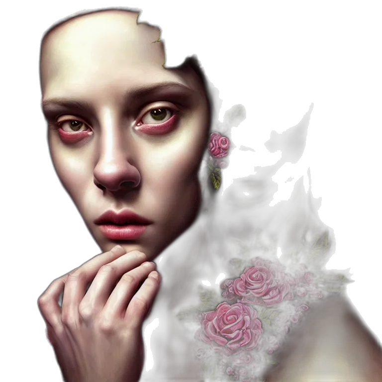 face, mask, jewelry, flower, photorealistic, fantasy art, concept art, 3d render transparent PNG cut-out