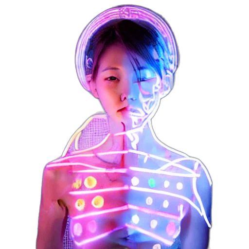 robot, dress, mask, face, cyberpunk, vaporwave, 3d render, concept art transparent PNG cut-out