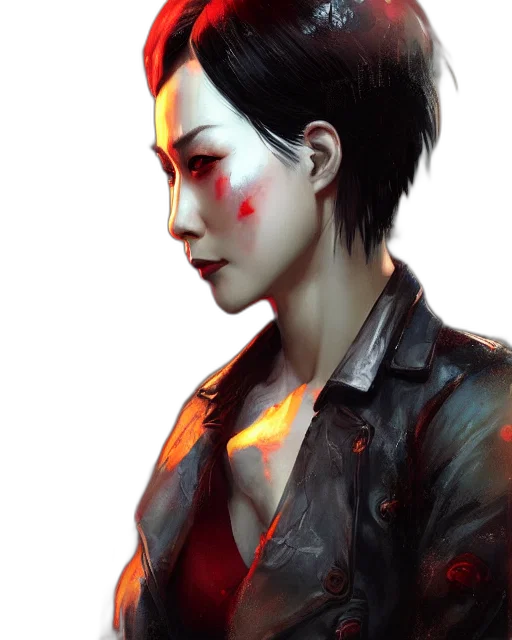 jacket, face, concept art, cyberpunk, photorealistic, comic book art, fire, neon lights transparent PNG cut-out