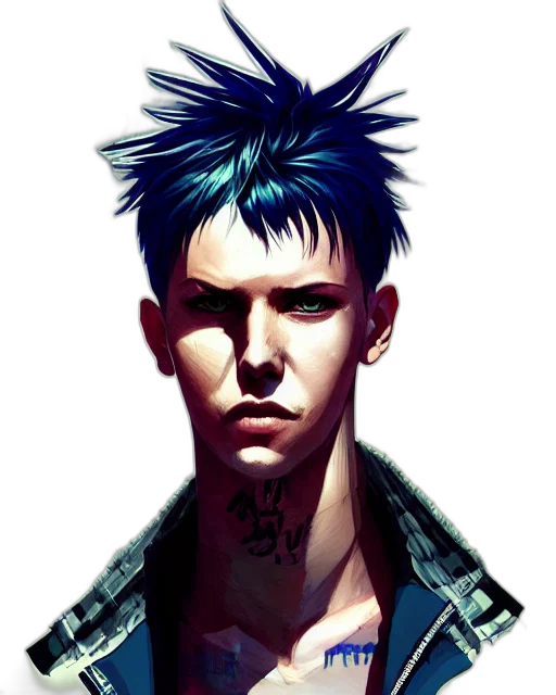 face, jacket, comic book art, cyberpunk, concept art, anime, blue, dark transparent PNG cut-out