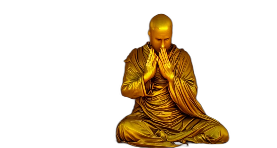 photorealistic, 3d render, golden, statue, monk, praying, inside, desert transparent PNG cut-out