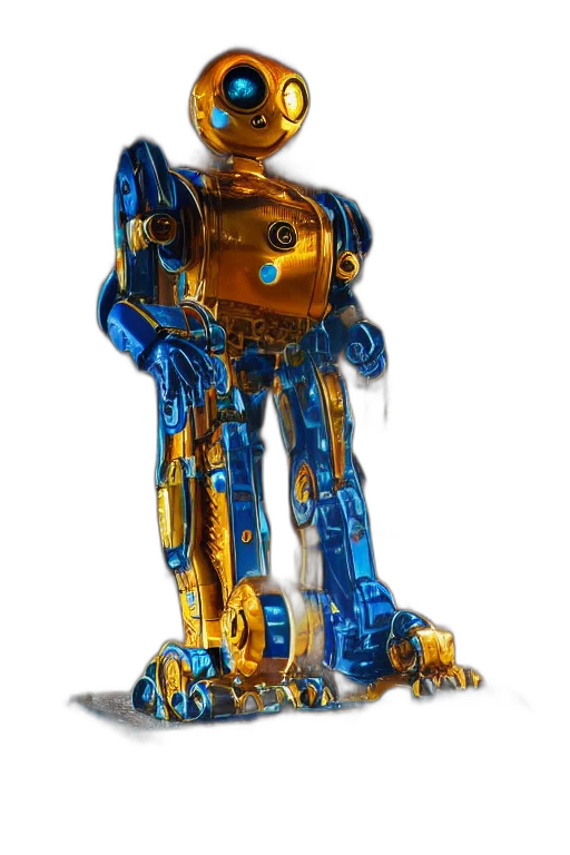 robot, weapon, animal, 3d render, concept art, golden, blue, portrait transparent PNG cut-out