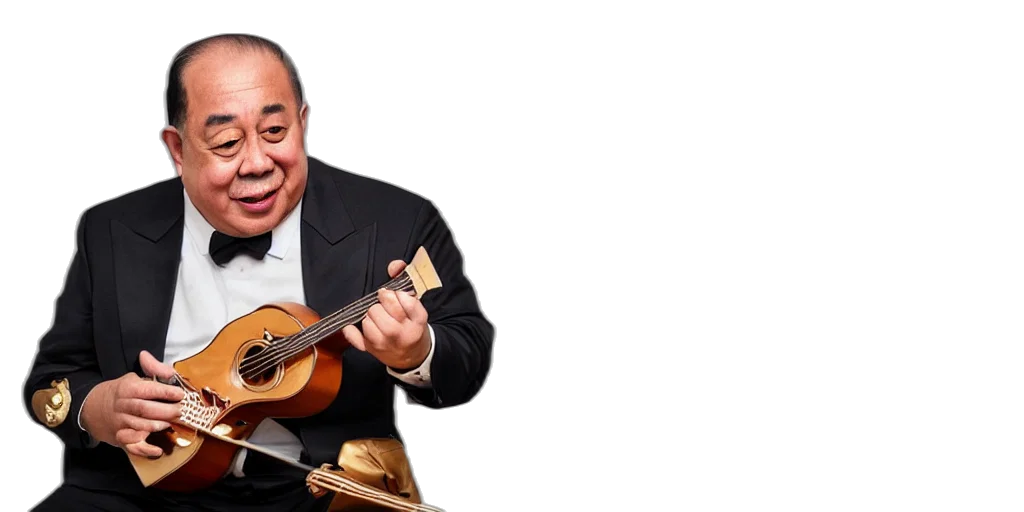 prawit, wongsuwan, gold, tuxedo, playing, ukulele, musician, portrait transparent PNG cut-out