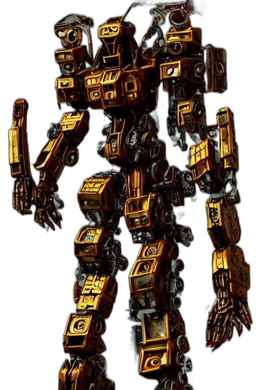 robot, weapon, concept art, 3d render, pixel art, golden, futurecore, shiny transparent PNG cut-out