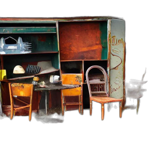 furniture, food, 3d render, concept art, photorealistic, city street, side, road transparent PNG cut-out