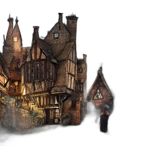 building, concept art, fantasy art, 3d render, watercolor, city street, fog, precious transparent PNG cut-out