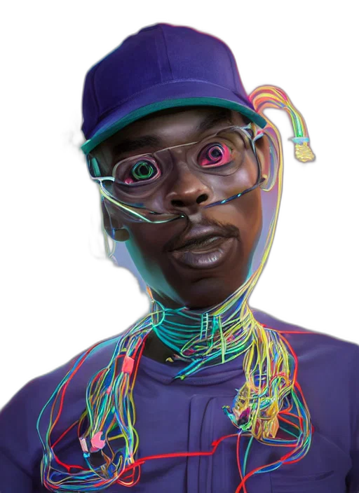 face, mask, hat, staff, cyberpunk, concept art, vaporwave, photorealistic transparent PNG cut-out
