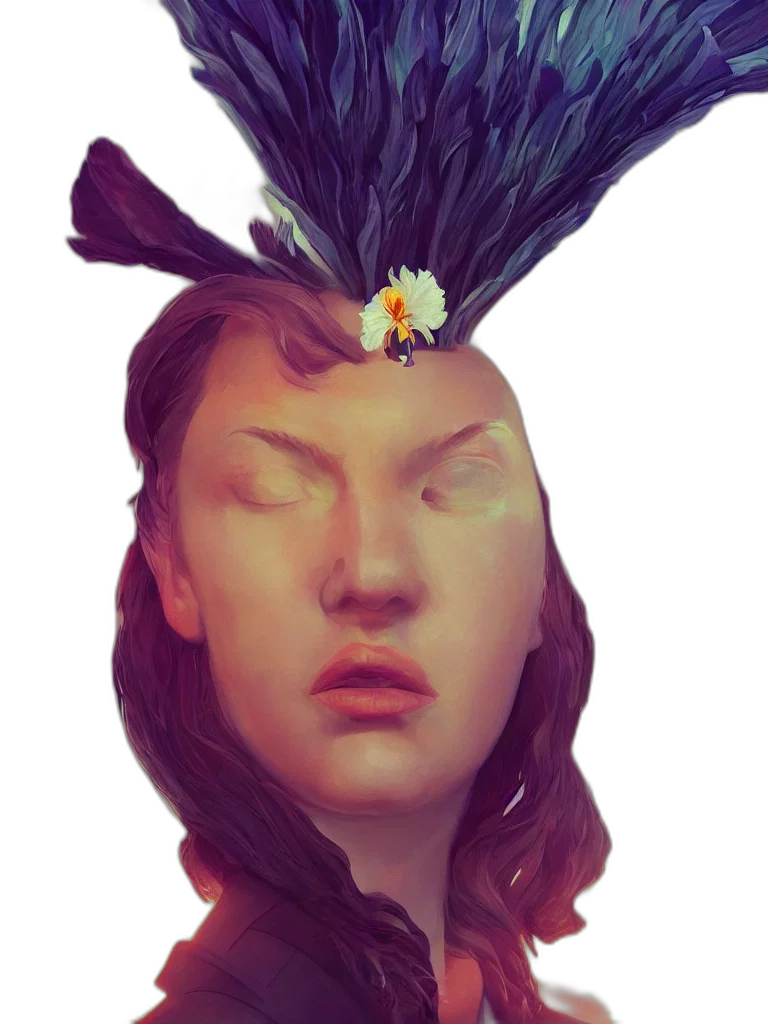 crown, face, mask, flower, concept art, fantasy art, photorealistic, vaporwave transparent PNG cut-out