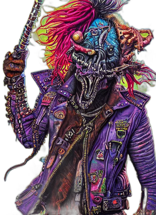 jacket, mask, creature, staff, concept art, comic book art, cyberpunk, watercolor transparent PNG cut-out