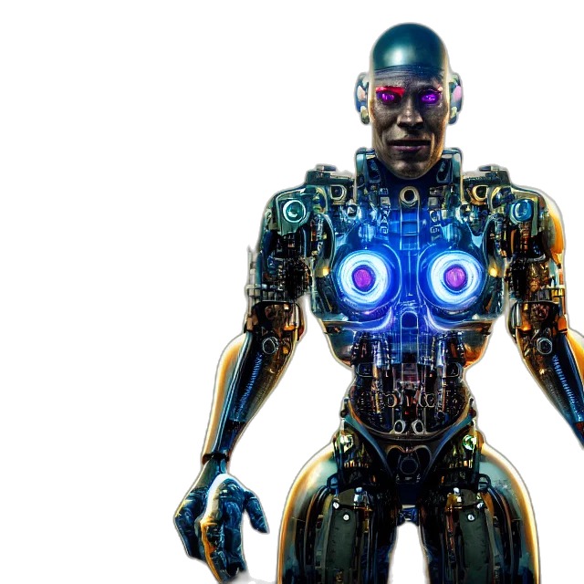 robot, cyberpunk, concept art, 3d render, cyborg, fantasy, reflect, highly transparent PNG cut-out