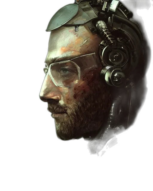 face, mask, robot, staff, concept art, cyberpunk, watercolor, fantasy art transparent PNG cut-out