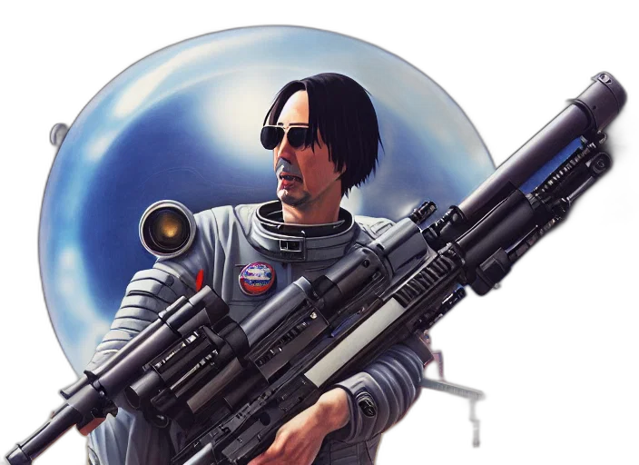 weapon, robot, concept art, cyberpunk, 3d render, comic book art, outer space, portrait transparent PNG cut-out