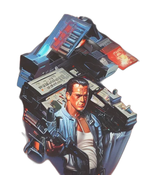 jacket, robot, weapon, cyberpunk, concept art, comic book art, vaporwave, outer space transparent PNG cut-out