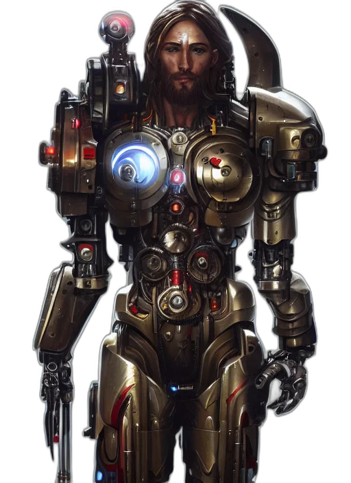 robot, weapon, concept art, fantasy art, cyberpunk, comic book art, jesus, cyborg transparent PNG cut-out