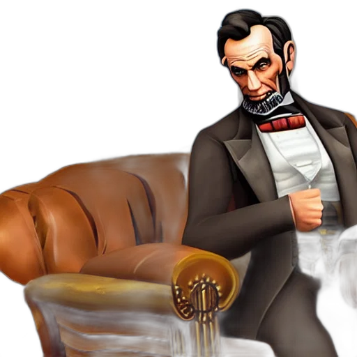 furniture, concept art, 3d render, comic book art, photorealistic, abraham, lincoln, playing transparent PNG cut-out