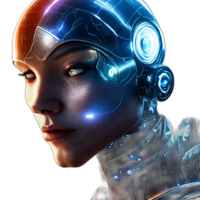 robot, face, cyberpunk, concept art, 3d render, photorealistic, neon lights, blue transparent PNG cut-out