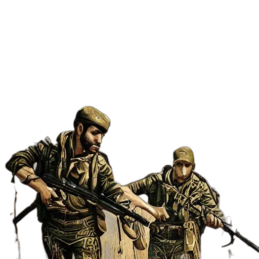 weapon, concept art, pixel art, 3d render, comic book art, earth tones, kurdish, peshmerga transparent PNG cut-out