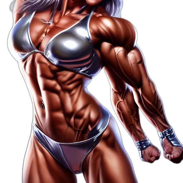 comic book art, concept art, photorealistic, cartoon, muscle, girl, chrome, highly transparent PNG cut-out