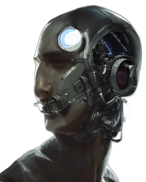 robot, mask, face, cyberpunk, concept art, 3d render, comic book art, half transparent PNG cut-out