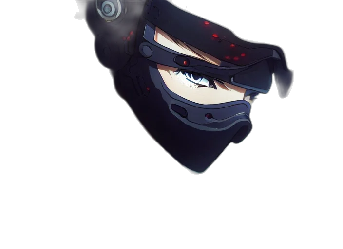 mask, face, hat, weapon, cyberpunk, anime, concept art, photorealistic transparent PNG cut-out