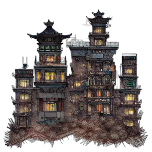 building, concept art, fantasy art, pixel art, photorealistic, city street, fog, night transparent PNG cut-out