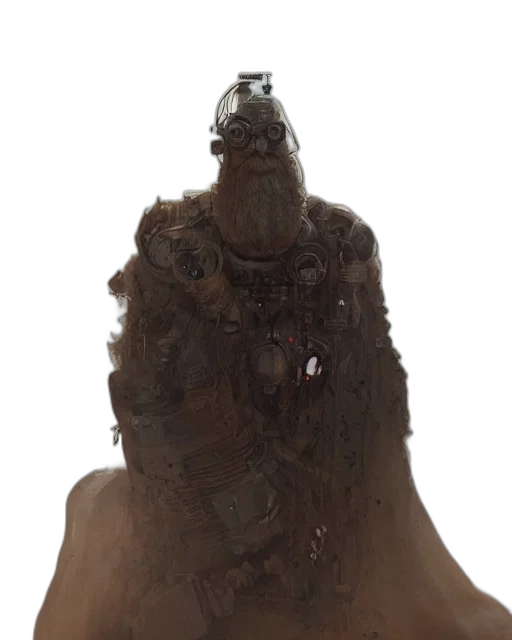 creature, crown, hair, robot, concept art, 3d render, bearded, cloaked transparent PNG cut-out