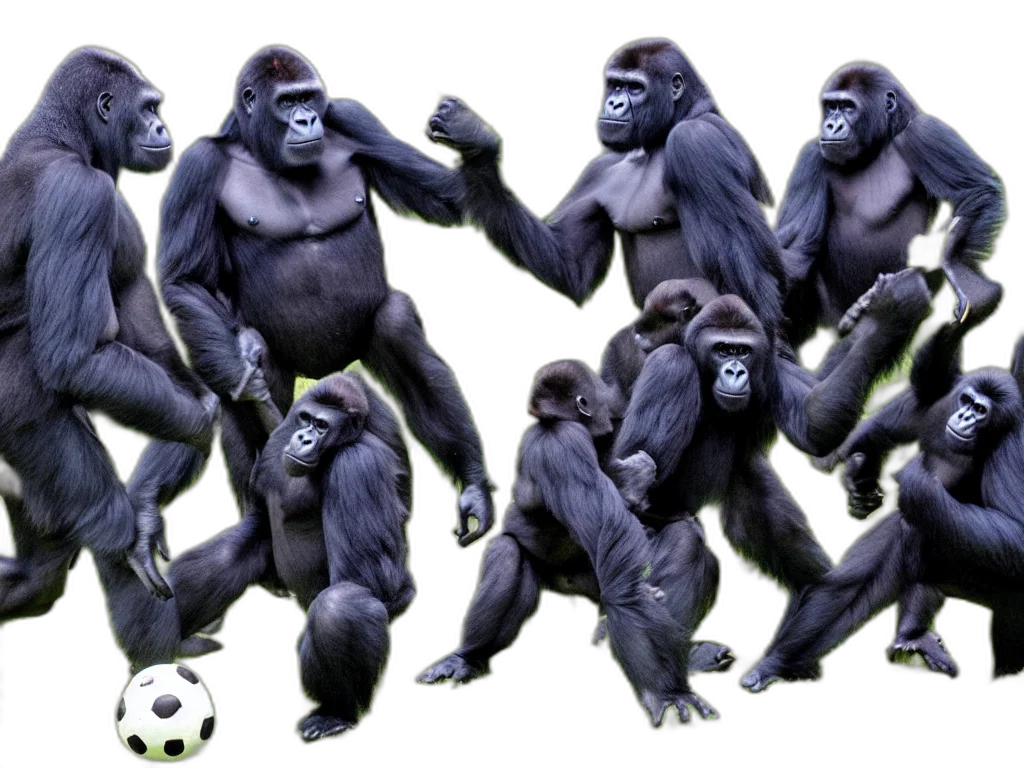 animal, concept art, gorillas, playing, soccer, vivid transparent PNG cut-out