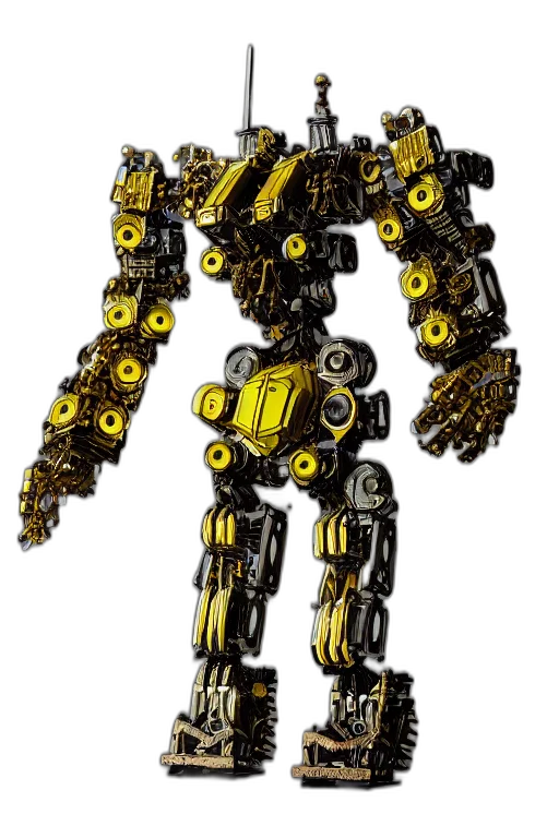 robot, weapon, staff, animal, concept art, 3d render, pixel art, golden transparent PNG cut-out