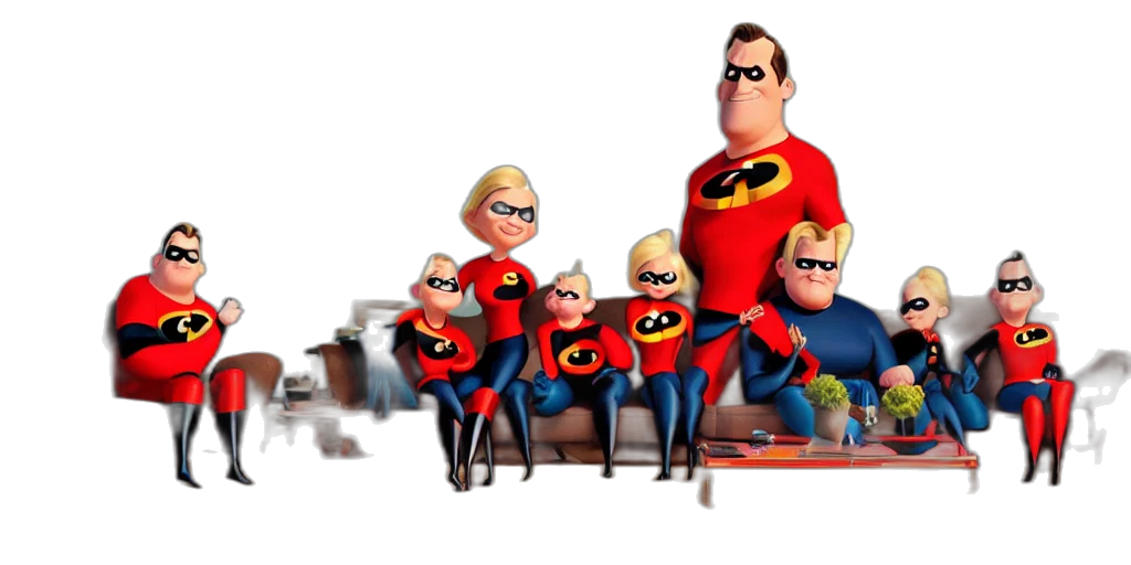 3d render, concept art, comic book art, cartoon, incredibles, family, sitting, couch transparent PNG cut-out