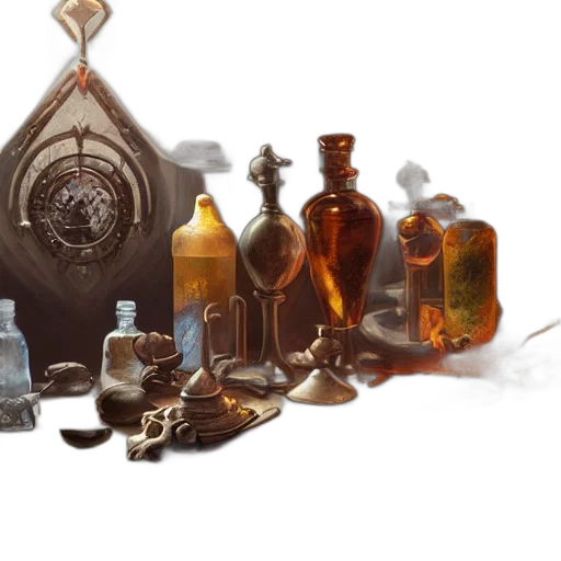 bottle, jewelry, concept art, earth tones, hyper, real, table, wizards transparent PNG cut-out