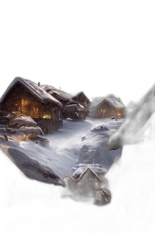 concept art, 3d render, photorealistic, fantasy art, snow, fog, mountain, village transparent PNG cut-out
