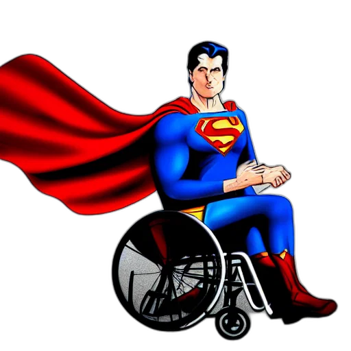 comic book art, concept art, cartoon, superman, wheelchair, color, film, photorealistic transparent PNG cut-out