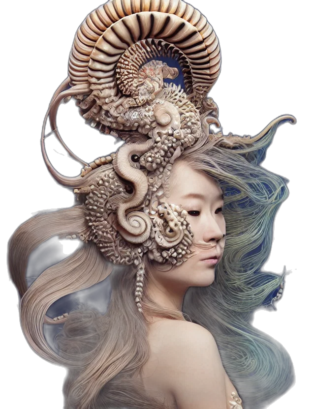 hair, creature, mask, crown, fantasy art, concept art, photorealistic, 3d render transparent PNG cut-out