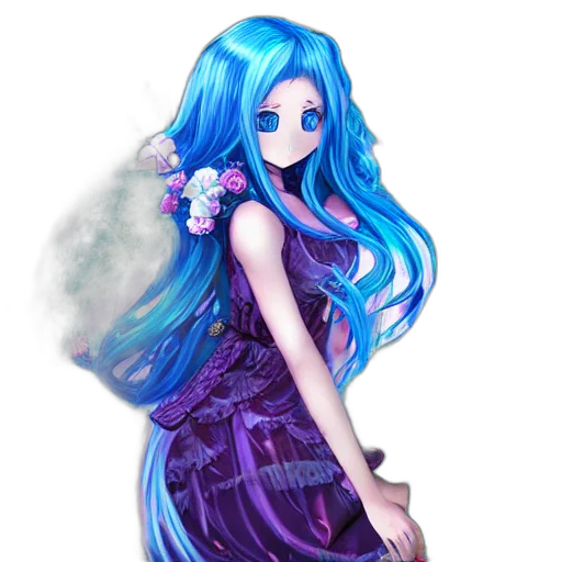 dress, hair, staff, anime, fantasy art, pixel art, concept art, blue transparent PNG cut-out
